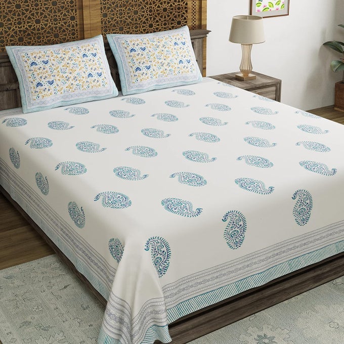 HAND BLOCK PRINTED 200 TC COTTON KING SIZE BEDSHEET BLUE PAISLEY