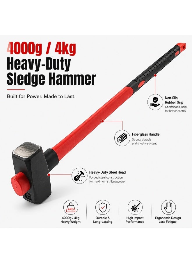 4000g Heavy Duty Sledge Hammer with Fiberglass Handle and Rubber Anti-Slip Grip, 4kg Steel Head for Construction, Demolition and Workshop Use - Image 2