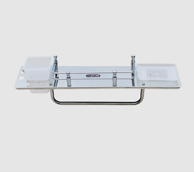 STONE STONE 4-in-1 Bathroom Shelf with Towel Rod, Soap Dish, Tumbler Holder, Toothbrush Stand, 43 cm, Stainless Steel - Image 4
