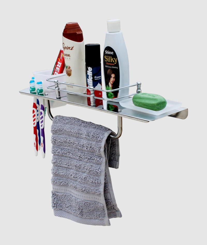 STONE STONE 4-in-1 Bathroom Shelf with Towel Rod, Soap Dish, Tumbler Holder, Toothbrush Stand, 43 cm, Stainless Steel - Image 5