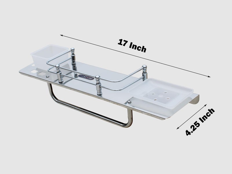 STONE STONE 4-in-1 Bathroom Shelf with Towel Rod, Soap Dish, Tumbler Holder, Toothbrush Stand, 43 cm, Stainless Steel - Image 2