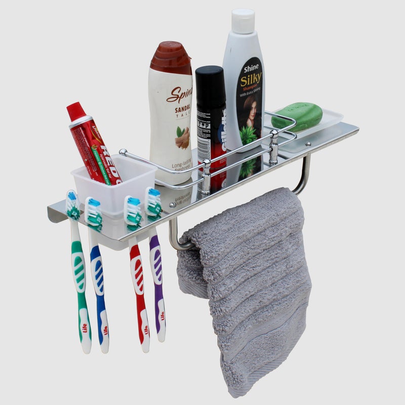 STONE STONE 4-in-1 Bathroom Shelf with Towel Rod, Soap Dish, Tumbler Holder, Toothbrush Stand, 43 cm, Stainless Steel - Image 1