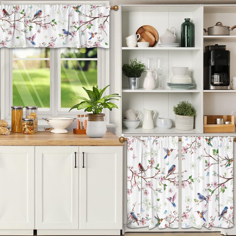 cusugbaso Spring Kitchen Curtains and Valances Set 3 PCS for Window, Floral Bird Spring Kitchen Decor for Bahtroom, Home - Laundry Farmhouse Short Curtains 54" w x 18" L and 27" w x 36â€L - Image 3