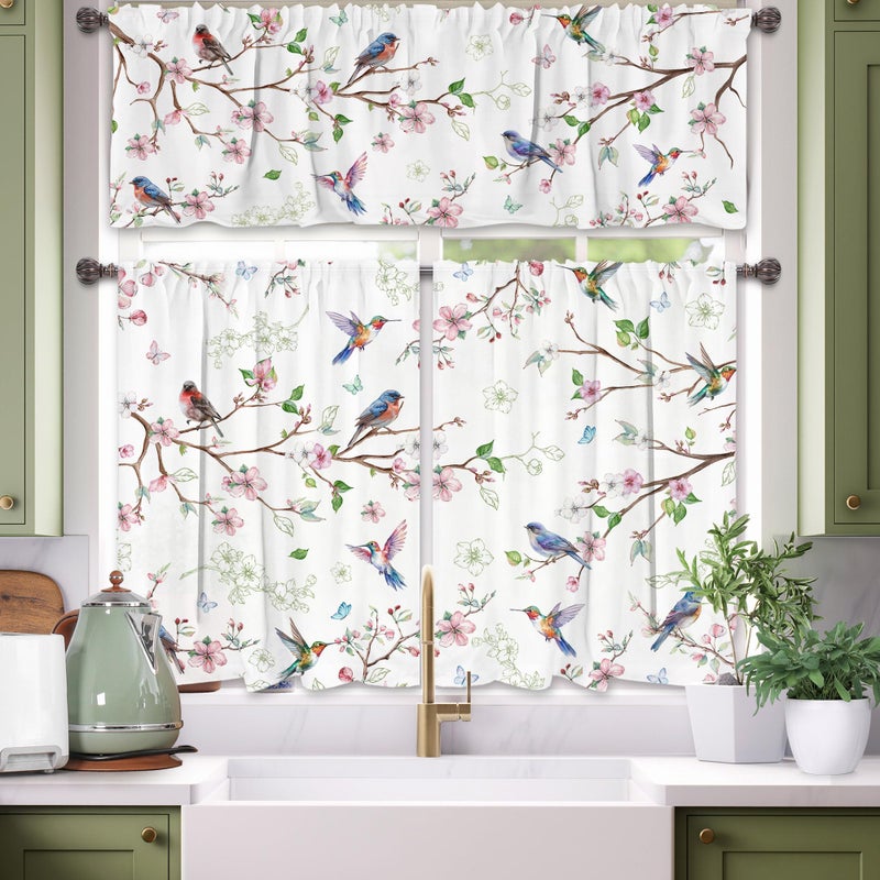 cusugbaso Spring Kitchen Curtains and Valances Set 3 PCS for Window, Floral Bird Spring Kitchen Decor for Bahtroom, Home - Laundry Farmhouse Short Curtains 54" w x 18" L and 27" w x 36â€L - Image 1
