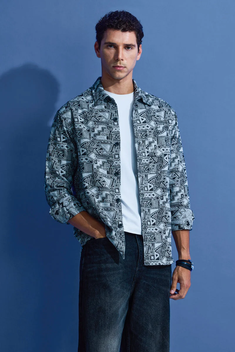 SNITCH Black Abstract Relaxed Fit Overshirt