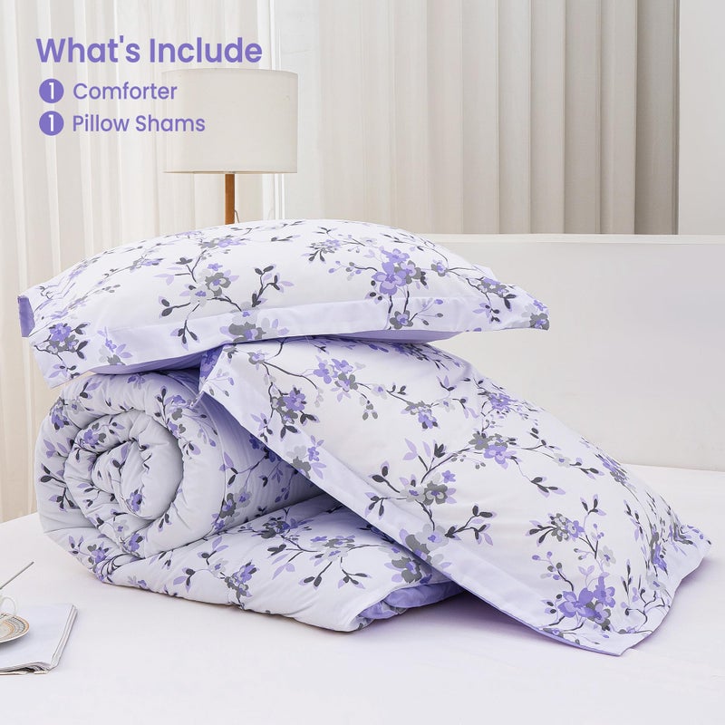 Mooreeke Floral Twin Size Comforter Sets, Lightweight Purple Lavender Botanical Printed Bedding for All Seasons, 2-Piece Vintage Bed in a Bag with Fluffy Quilted Reversible Comforter & Pillow Sham - Image 4