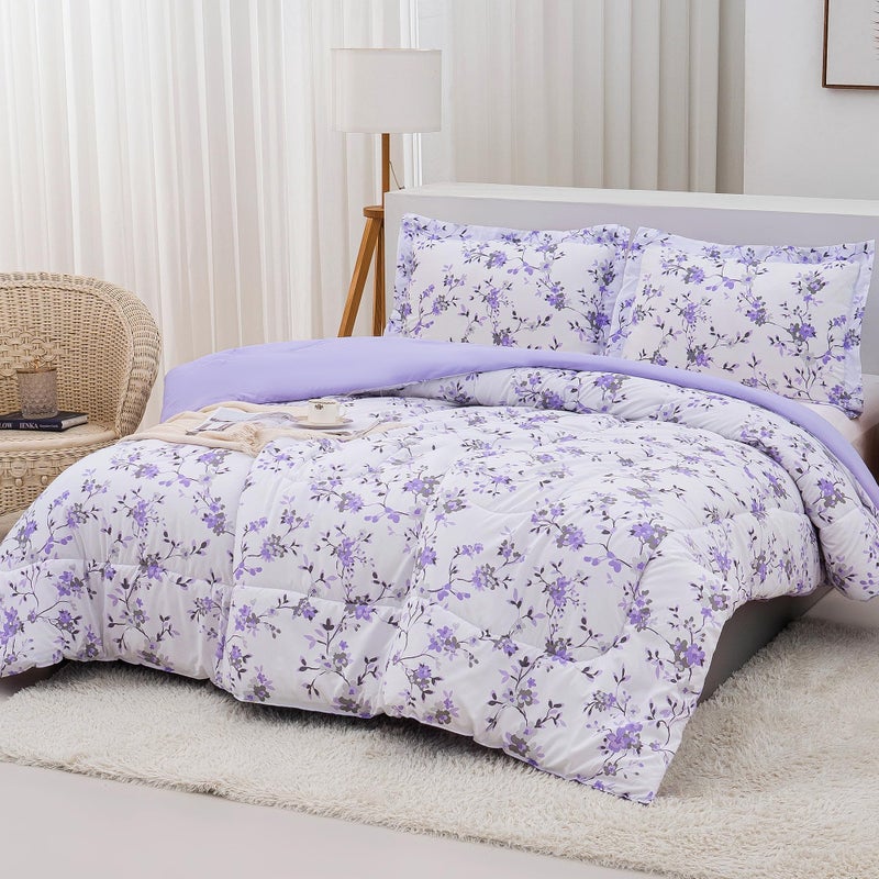 Mooreeke Floral Twin Size Comforter Sets, Lightweight Purple Lavender Botanical Printed Bedding for All Seasons, 2-Piece Vintage Bed in a Bag with Fluffy Quilted Reversible Comforter & Pillow Sham - Image 5
