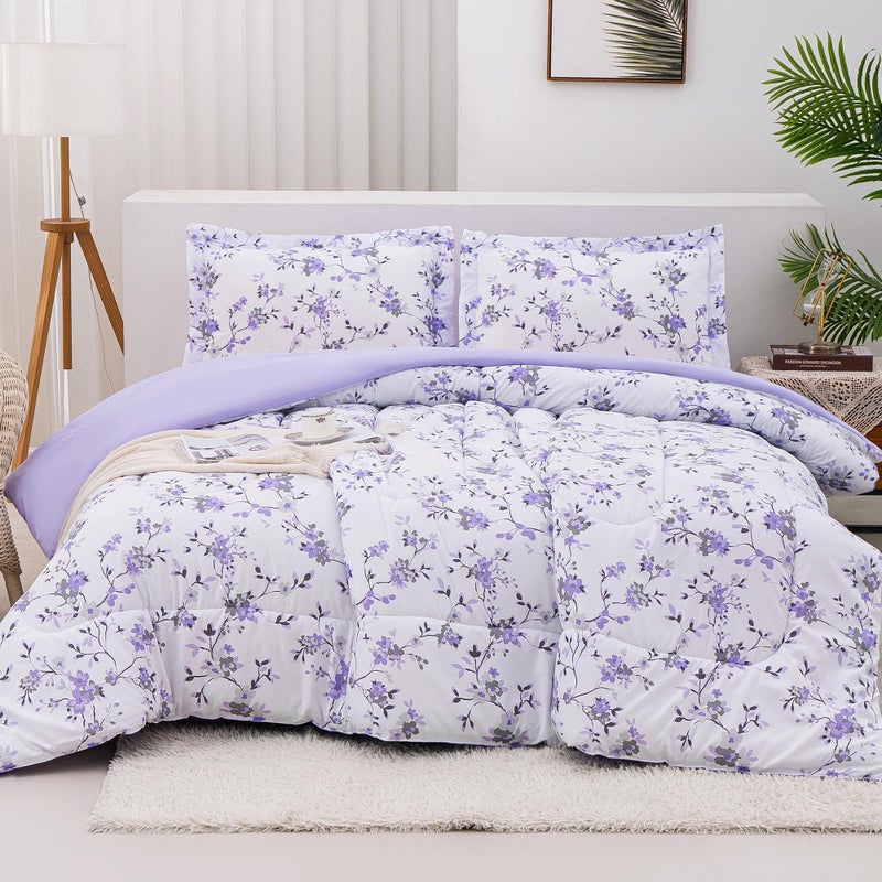 Mooreeke Floral Twin Size Comforter Sets, Lightweight Purple Lavender Botanical Printed Bedding for All Seasons, 2-Piece Vintage Bed in a Bag with Fluffy Quilted Reversible Comforter & Pillow Sham - Image 1