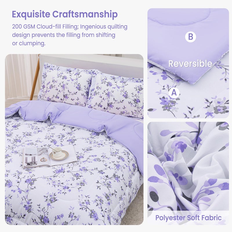 Mooreeke Floral Twin Size Comforter Sets, Lightweight Purple Lavender Botanical Printed Bedding for All Seasons, 2-Piece Vintage Bed in a Bag with Fluffy Quilted Reversible Comforter & Pillow Sham - Image 3