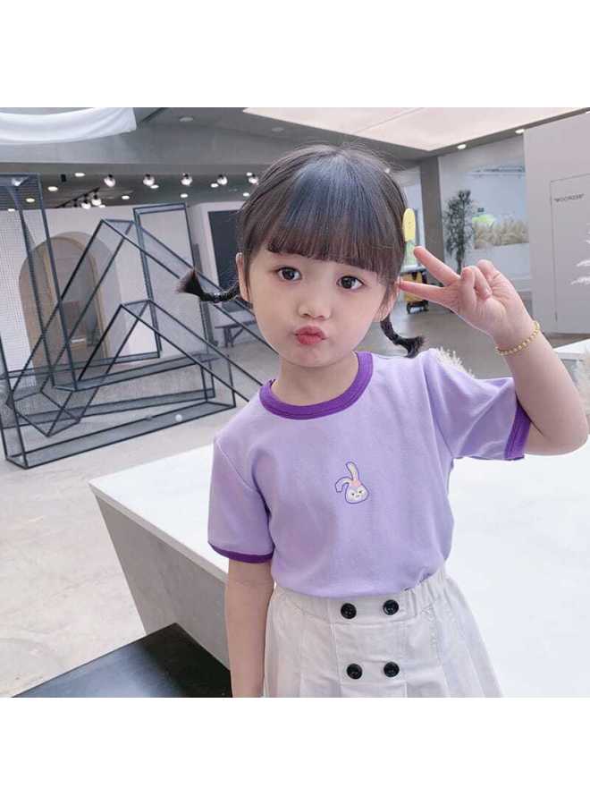 Ice Silk Children's Summer New Baby Girls' T-shirt Top Fashionable Western Style All-match Round Neck Cute Cartoon Top Trendy