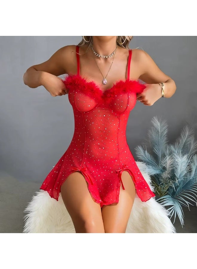 Sexy women's babydoll lingerie made of soft sheer tulle, decorated with feathers and glitter beads - a luxurious nightgown for an attractive and charming look on special occasions. - Image 3