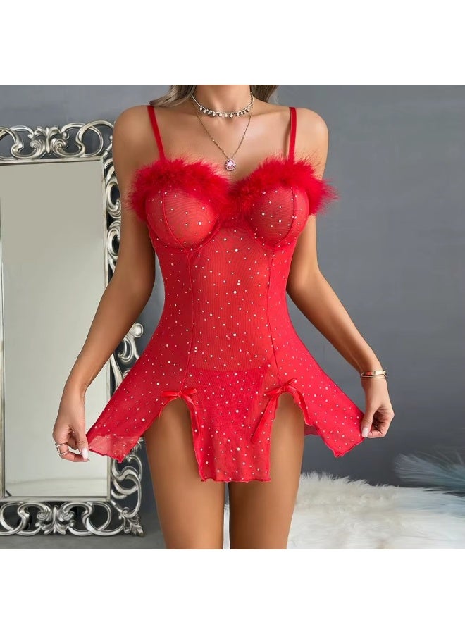 Sexy women's babydoll lingerie made of soft sheer tulle, decorated with feathers and glitter beads - a luxurious nightgown for an attractive and charming look on special occasions. - Image 5