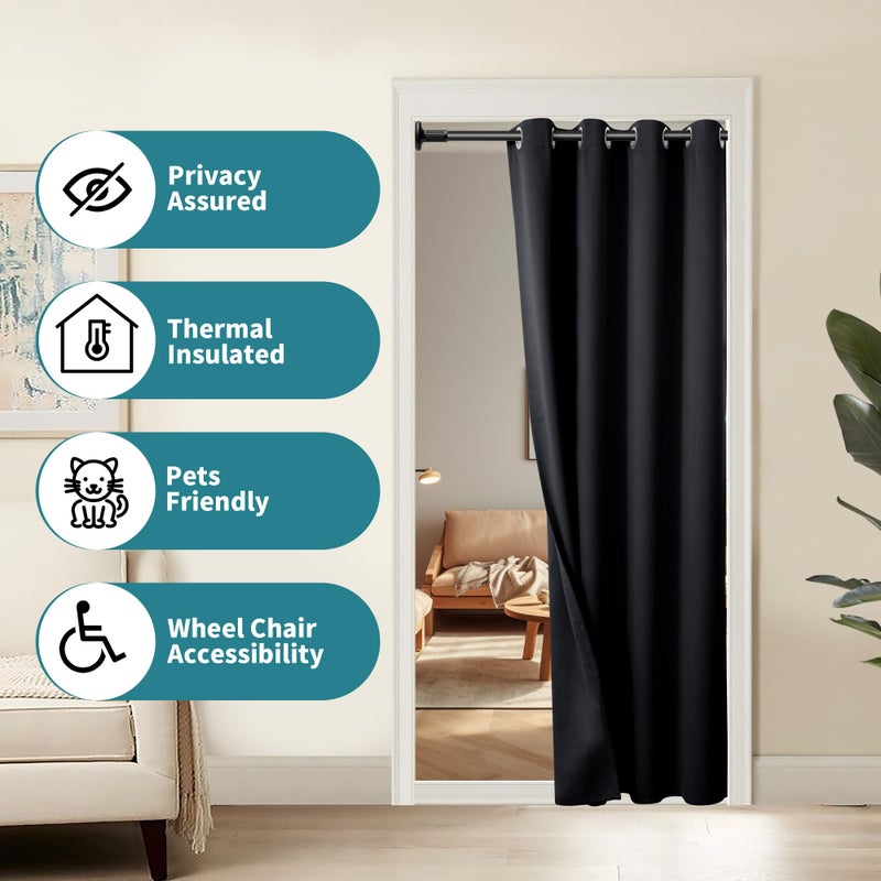 BGment Black Door Curtain 80 Inch Length for Doorway  Bedroom Closet Curtain  Privacy Thermal Insulated Blackout Grommet Room Divider for Room Separation  1 Panel  52 Inch Wide - Image 3