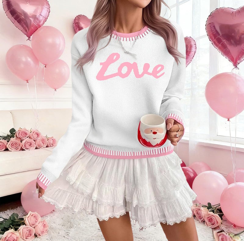LUKYCILD Valentines Sweater Women Love Heart Sweatshirt Valentine Day Love Sweaters Cute Knitted Long Sleeve Pullover Tops White - Image 3