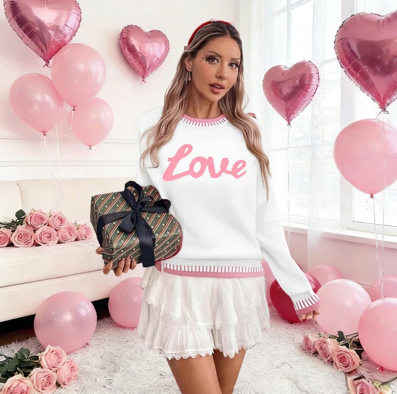 LUKYCILD Valentines Sweater Women Love Heart Sweatshirt Valentine Day Love Sweaters Cute Knitted Long Sleeve Pullover Tops White - Image 2