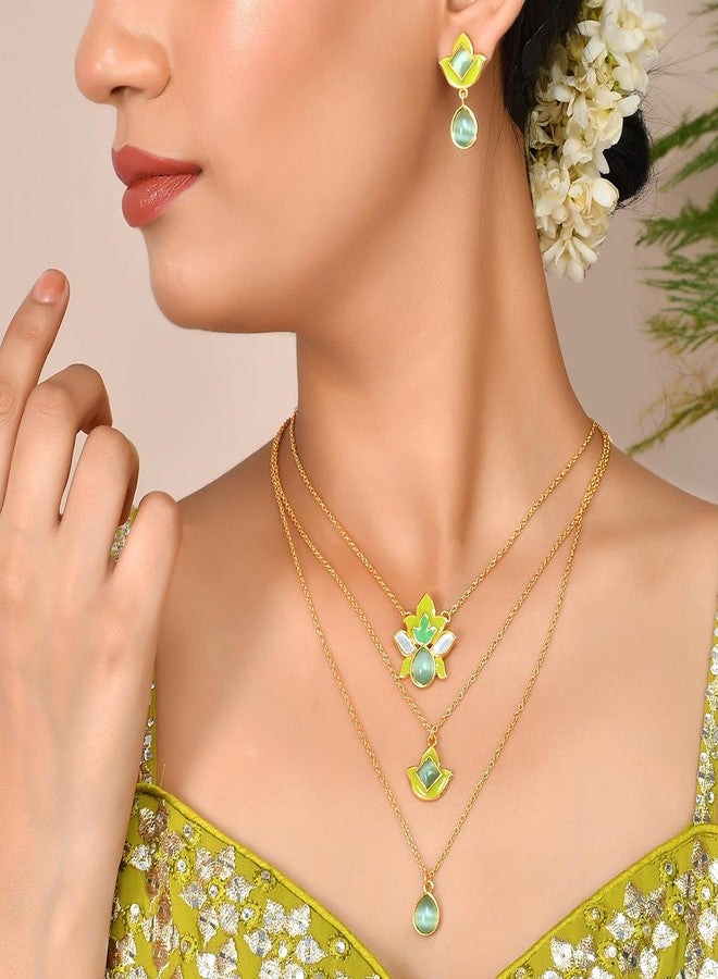 VOYLLA Forever More Green Layered Enamelled Necklace Set Traditional Ethnic Statement Jewellery Anti Tarnish Finish Festive Occasion Womens Day Gift For Wife Sister Girlfriend - Image 3