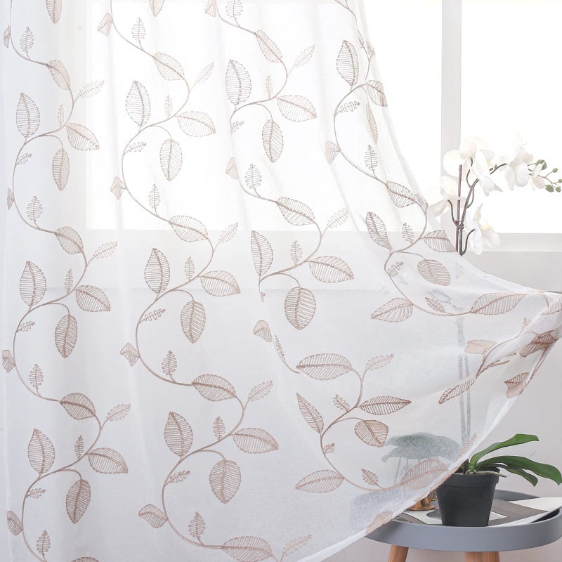 BGment الستائر الشفافة البليون 63 بوصة طول الكتان فو مطرزة نمط الورقة البنية شبه فوي الستائر فويس الفوس - Image 1