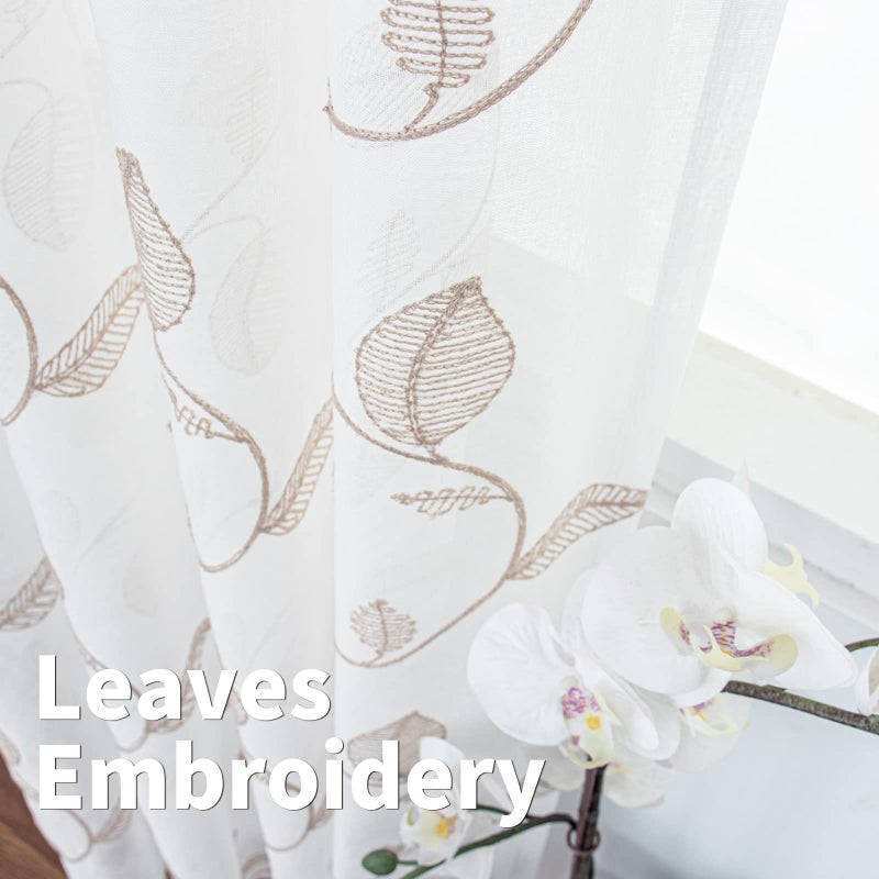 BGment الستائر الشفافة البليون 63 بوصة طول الكتان فو مطرزة نمط الورقة البنية شبه فوي الستائر فويس الفوس - Image 5