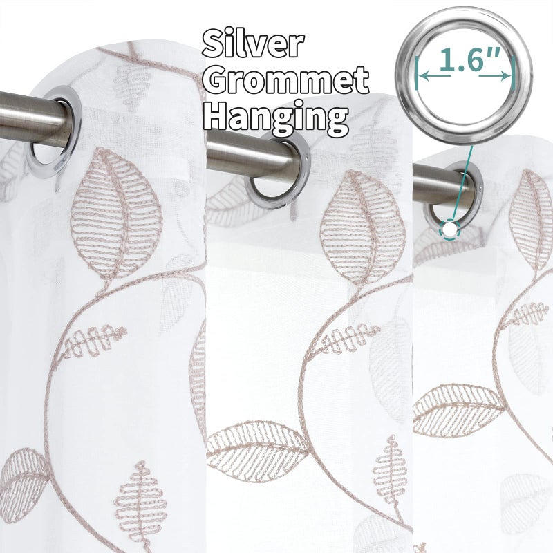 BGment الستائر الشفافة البليون 63 بوصة طول الكتان فو مطرزة نمط الورقة البنية شبه فوي الستائر فويس الفوس - Image 2
