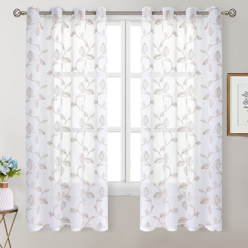 BGment الستائر الشفافة البليون 63 بوصة طول الكتان فو مطرزة نمط الورقة البنية شبه فوي الستائر فويس الفوس - Image 4