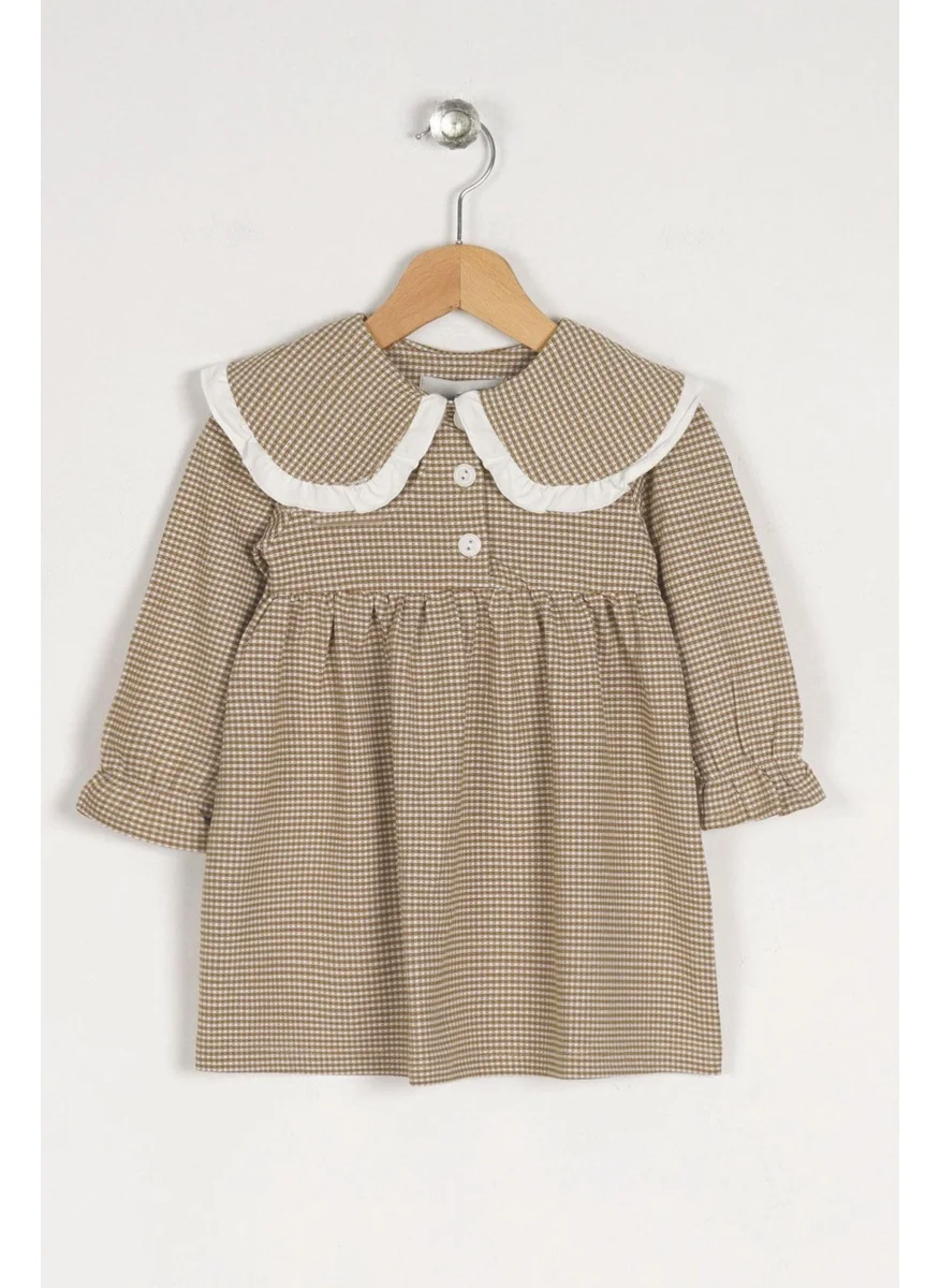Zepkids Baby Collar Long Sleeve Plaid Baby Collar Buttoned Dark Beige Color Girl Dress
