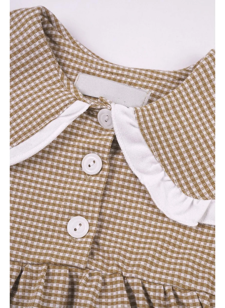 Zepkids Baby Collar Long Sleeve Plaid Baby Collar Buttoned Dark Beige Color Girl Dress