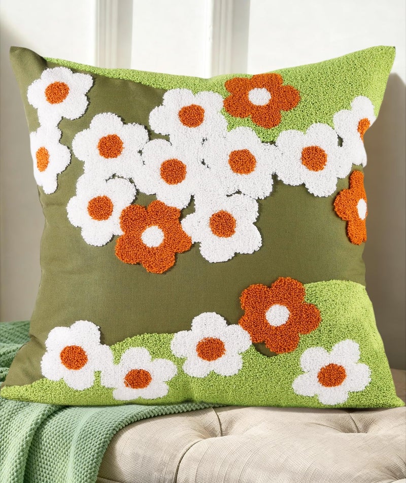 Kokaaee Embroidered Throw Pillow Cover 18x18 Decorative Pillow Cover with Zipper Aesthetic Cute Design Boho Spring Summer Cozy Throw Pillowcase for Living Room Couch Sofa Bed Green Flowers - Image 2