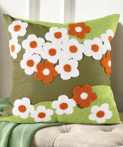 Kokaaee Embroidered Throw Pillow Cover 18x18 Decorative Pillow Cover with Zipper Aesthetic Cute Design Boho Spring Summer Cozy Throw Pillowcase for Living Room Couch Sofa Bed Green Flowers - Image 1