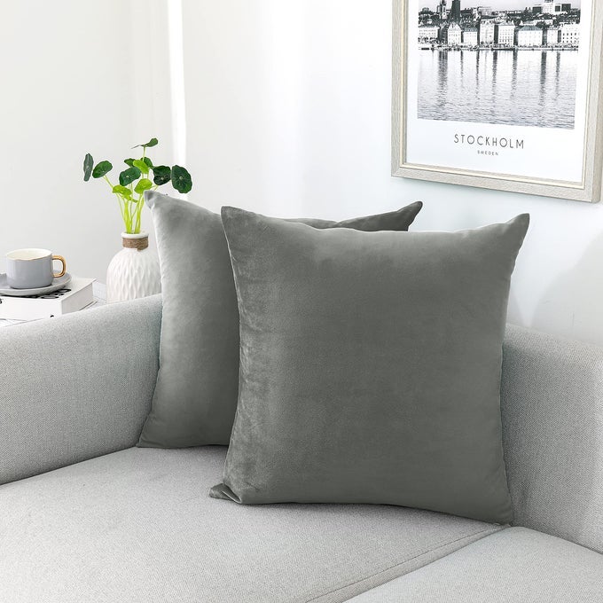 DECORATIVE THROW PILLOW COVERS VELVET SOFT FOR COUCH SOFA BEDROOM LIVING ROOM OUTDOOR PACK OF 2 18X18 INCH GREY