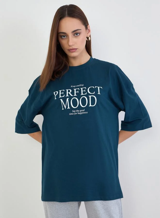 Styli Blue Slogan Print Oversized T-Shirt
