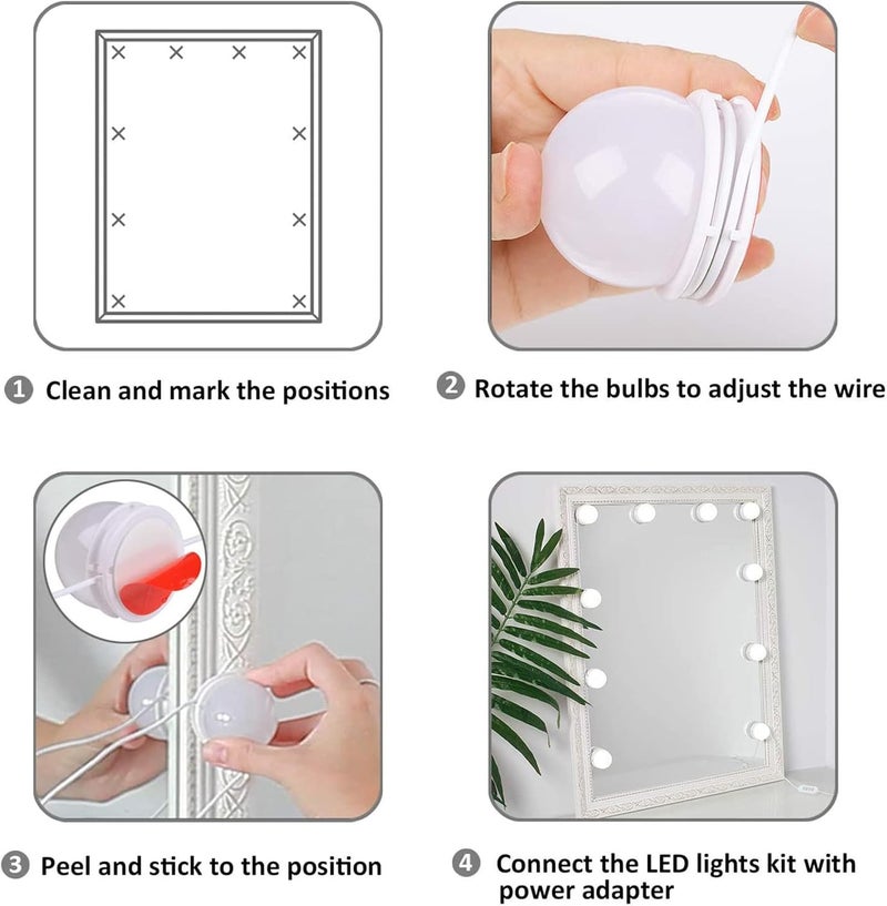أضواء الزينة LED اللاصقة على المرآة، مجموعة إضاءة تعمل بالطاقة عبر USB، 10 لمب��ت LED، قابلة للتعديل بثلاثة ألوان، تركيبات إضاءة مرآة المكياج لاستخدام طاولة الزينة والحمام. - Image 3