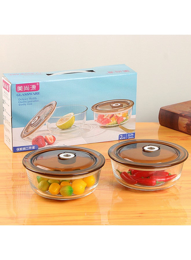 Glass Preservation Bowl Two-piece Refrigerator Preservation Box Thickened Lunch Box Tableware Set Business Opening Campaign Advertising Gift Bowl-Specifications:Two-piece Set ]-Color:Curry - Image 1