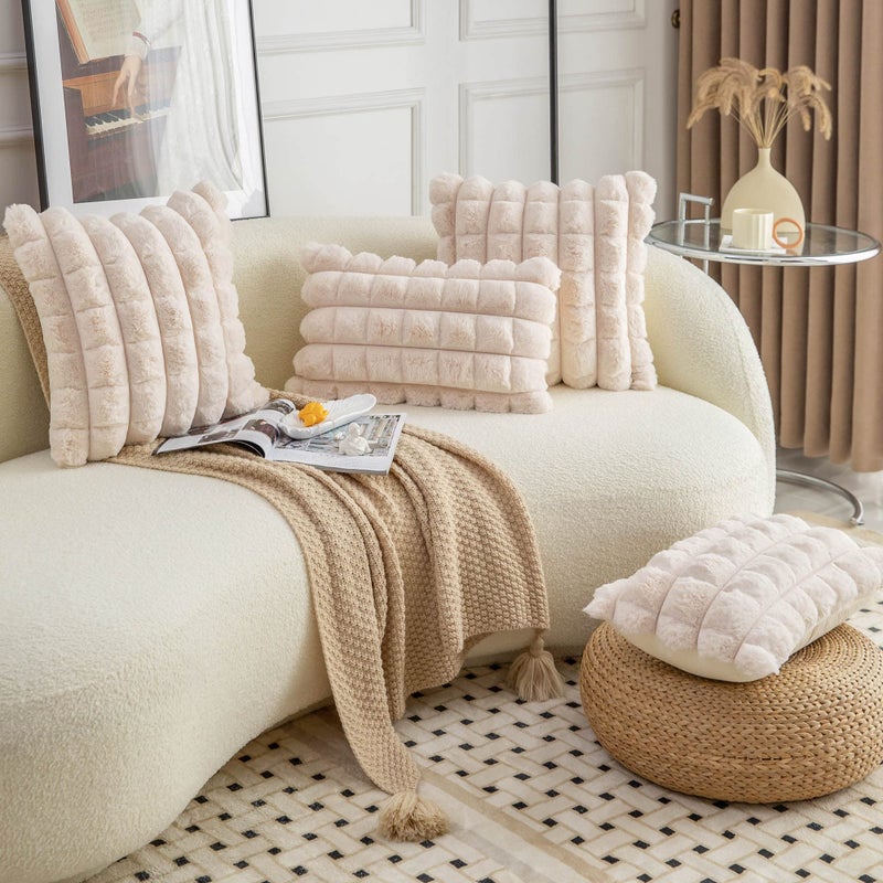 Neelvin Beige Faux Fur Fur Dozy Soft Plaid Throw Throw Covers Covers - Image 4