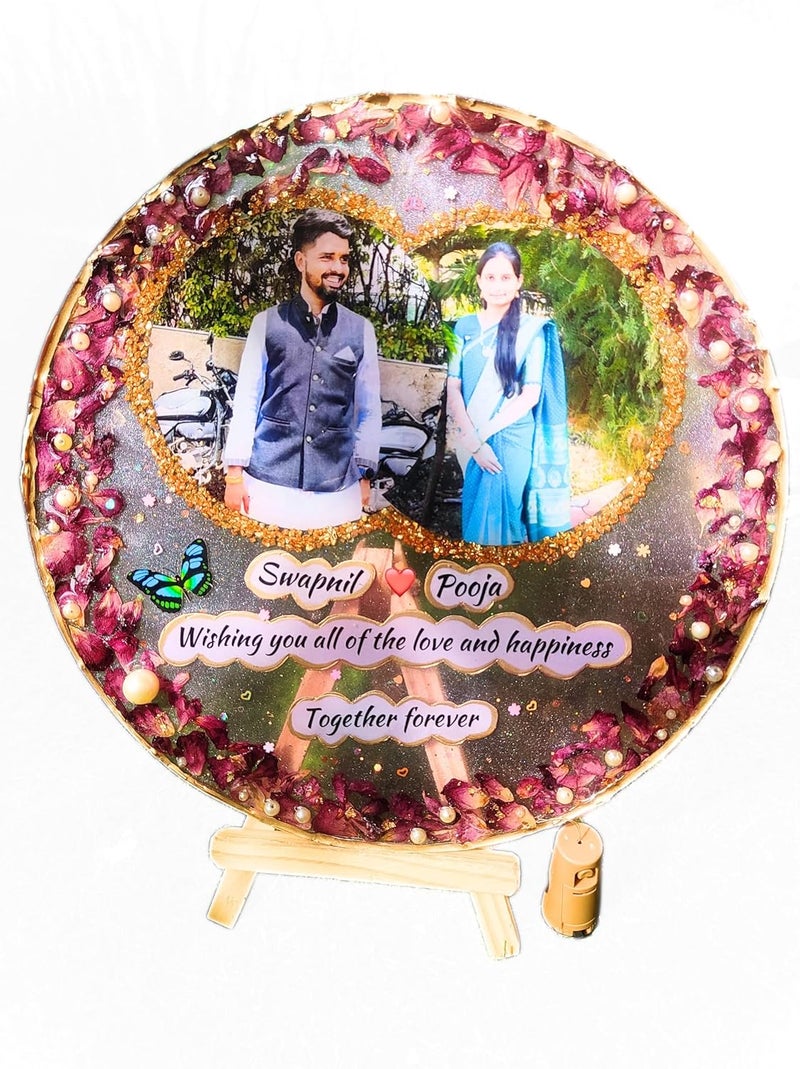 Resin Personalised Couple Photo Frame | Resin plate with a tiny floral | Anniversary Gift | Welcome Wedding Sign | Lovely Couple Frame | Unique Gift (10 Inch Dia)  - Image 2