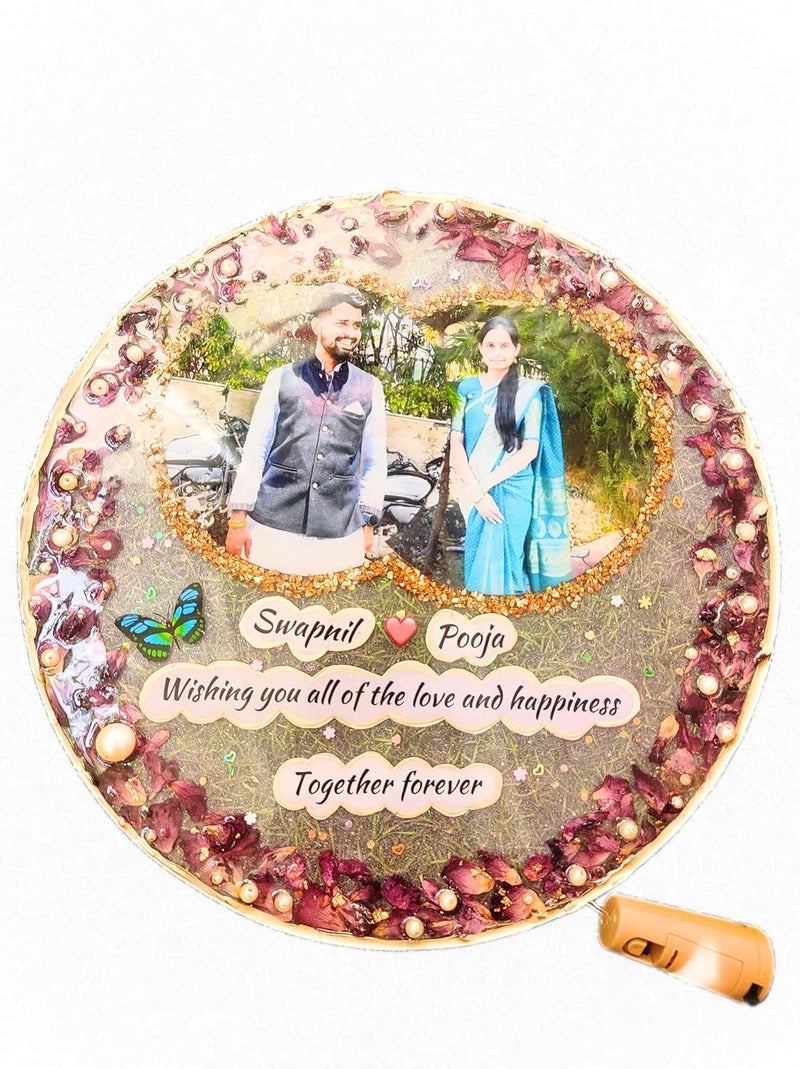 Resin Personalised Couple Photo Frame | Resin plate with a tiny floral | Anniversary Gift | Welcome Wedding Sign | Lovely Couple Frame | Unique Gift (10 Inch Dia)  - Image 3