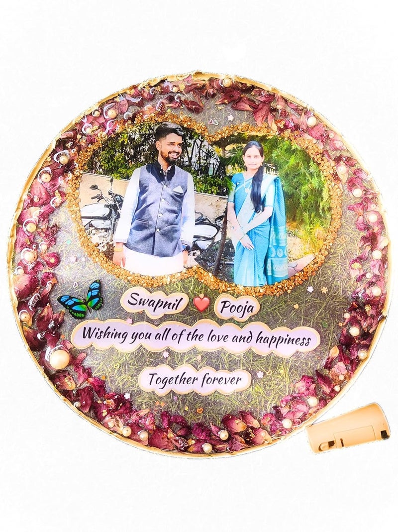 Resin Personalised Couple Photo Frame | Resin plate with a tiny floral | Anniversary Gift | Welcome Wedding Sign | Lovely Couple Frame | Unique Gift (10 Inch Dia)  - Image 1