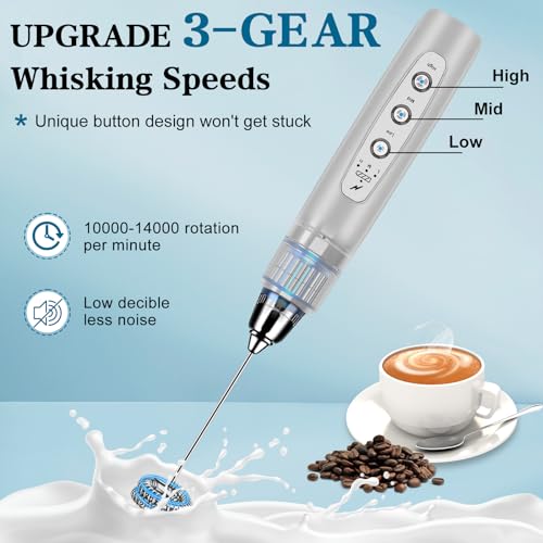 BSRGMS Milk Frother Handheld for Coffee, Electric Whisk 3 Speed Adjustable, Drink Mixer with Stainless 3 Whisks, Rechargeable Hand Frother Wand, Foam Maker for Latte Cappuccino Matcha Egg Silver - Image 3