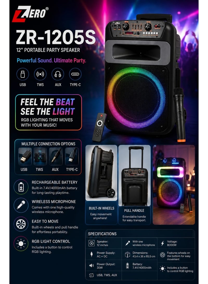 Zero ZR-1205S 12-inch Bluetooth speaker with battery-operated microphone, with RGB lighting, battery: 7.4V/4000mAh , USB, TWS, AUX , type-C charging , Features wheels on the bottom for easy movement button to control RGB lighting - Black - Image 4