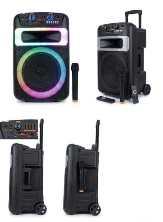 Zero ZR-1205S 12-inch Bluetooth speaker with battery-operated microphone, with RGB lighting, battery: 7.4V/4000mAh , USB, TWS, AUX , type-C charging , Features wheels on the bottom for easy movement button to control RGB lighting - Black - Image 2