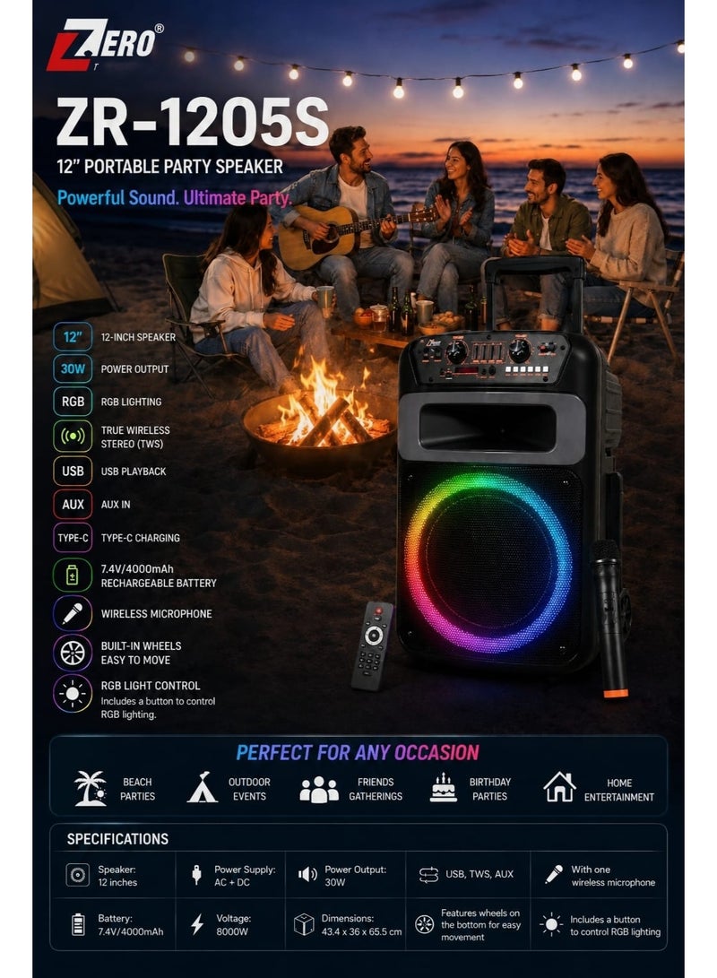 Zero ZR-1205S 12-inch Bluetooth speaker with battery-operated microphone, with RGB lighting, battery: 7.4V/4000mAh , USB, TWS, AUX , type-C charging , Features wheels on the bottom for easy movement button to control RGB lighting - Black - Image 3