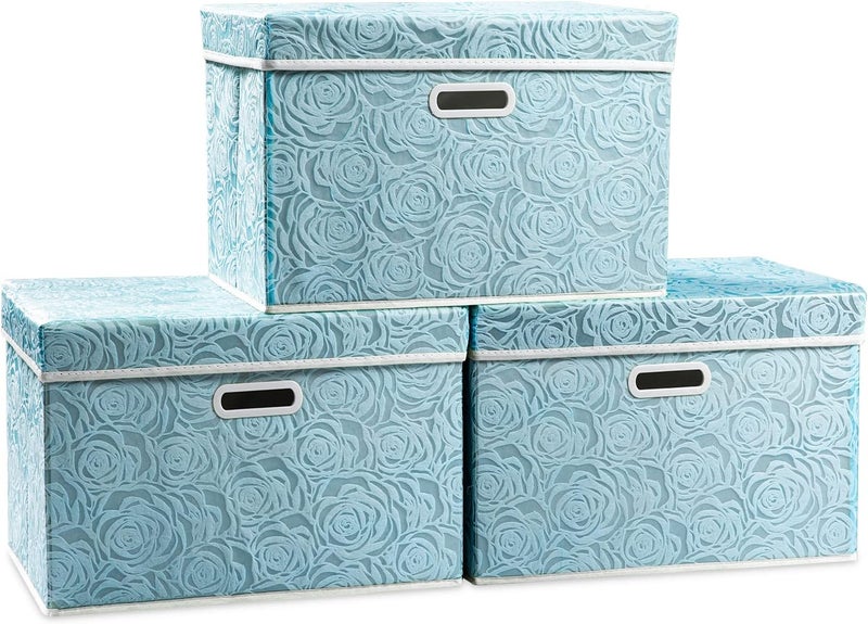 PRANDOM Larger Collapsible Storage Cubes with Lids Fabric Decorative Storage Bins Boxes Organizer Containers Baskets with Cover Handles for Bedroom Closet Living Room Blue 17.7x11.8x11.8 Inch 3 Pack - Image 1