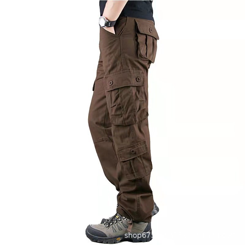 Multi-Pocket Overalls Mens Casual Pants Outdoor Wear-Resistant Tactical Plus Size Loose Straight 8-Pocket Foreign Trade Pants Brown eight pockets
