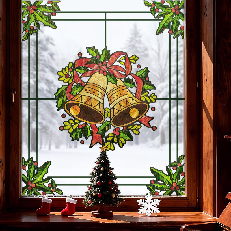 ADD.HERES Window Stickers, â€ŒStained Glass Window Privacy Film, UV Blocking Static Cling for Home Kitchen Office Bathroom, Christmas Bells, 16.93" X 16.93" - Image 1