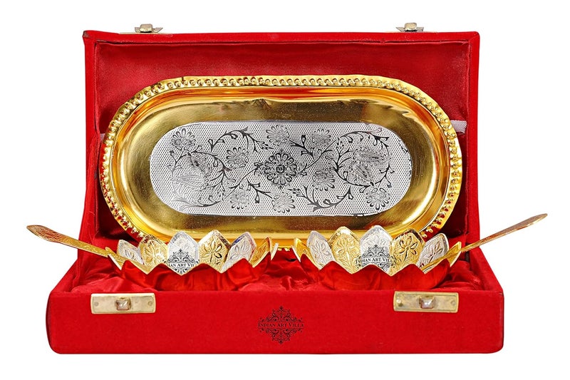 INDIAN ART VILLA INDIAN ART VILLA Lotus Design Silver Gold Plated Set of 2 Bowl with 2 Spoon 1 Tray Serveware Tableware Diwali Gift Set 300 ml  - Image 1