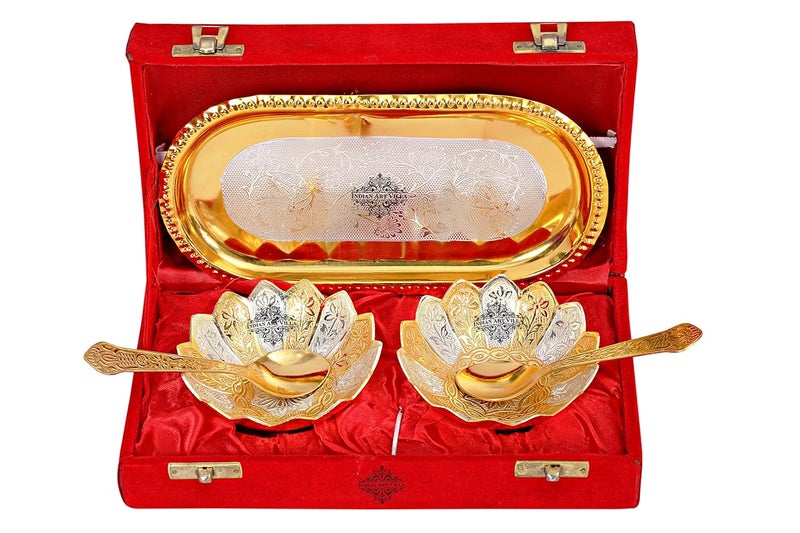 INDIAN ART VILLA INDIAN ART VILLA Lotus Design Silver Gold Plated Set of 2 Bowl with 2 Spoon 1 Tray Serveware Tableware Diwali Gift Set 300 ml  - Image 2