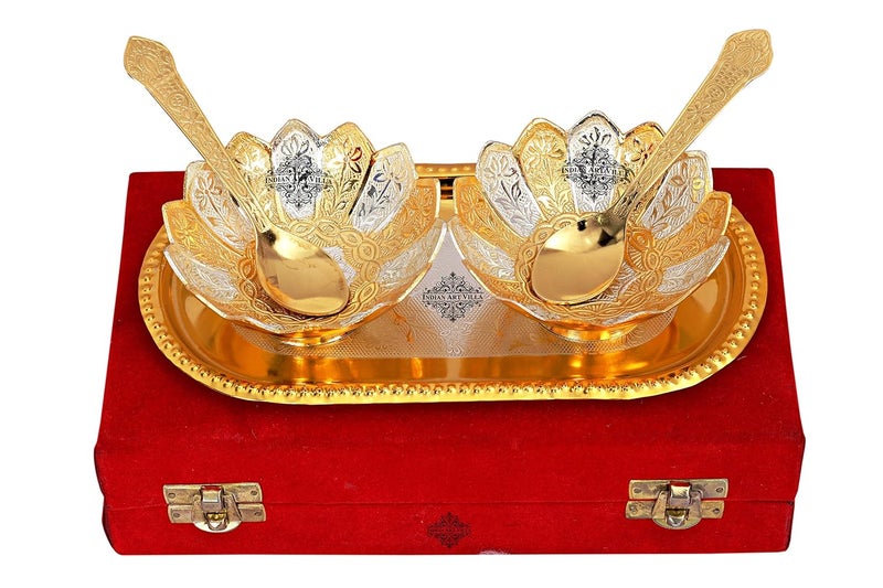 INDIAN ART VILLA INDIAN ART VILLA Lotus Design Silver Gold Plated Set of 2 Bowl with 2 Spoon 1 Tray Serveware Tableware Diwali Gift Set 300 ml  - Image 3