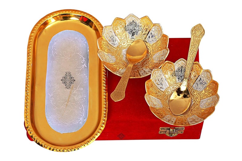 INDIAN ART VILLA INDIAN ART VILLA Lotus Design Silver Gold Plated Set of 2 Bowl with 2 Spoon 1 Tray Serveware Tableware Diwali Gift Set 300 ml  - Image 4