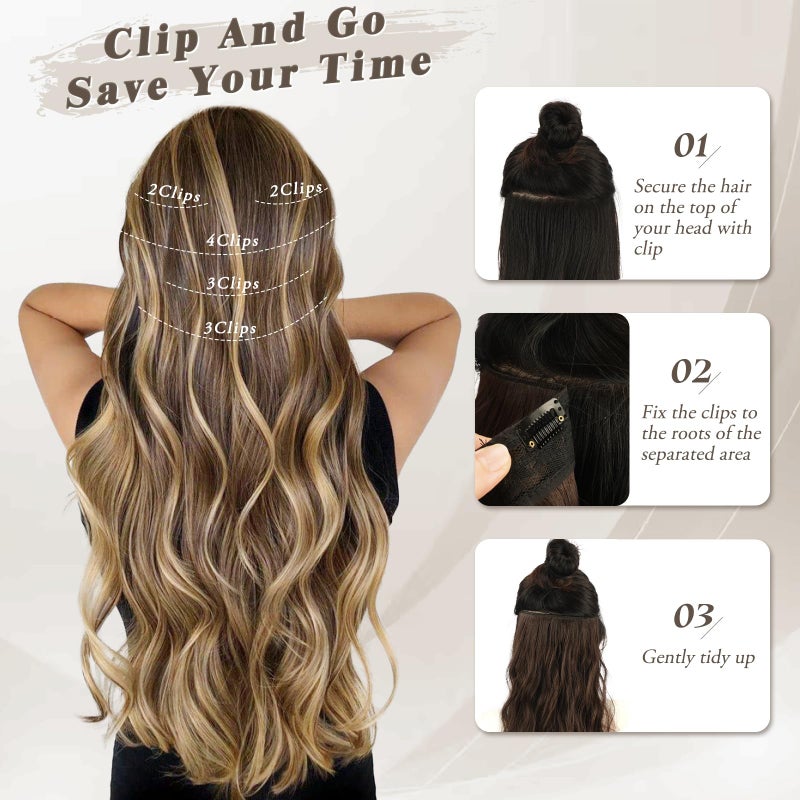 BARSDAR Wavy Clip in Hair Extensions - 20 Inch Highlight Clip in Hair Extensions for Women - 5PCs Thick Soft Synthetic Hairpieces Daily Party Halloween - Brown & Caramel Blonde - Image 5