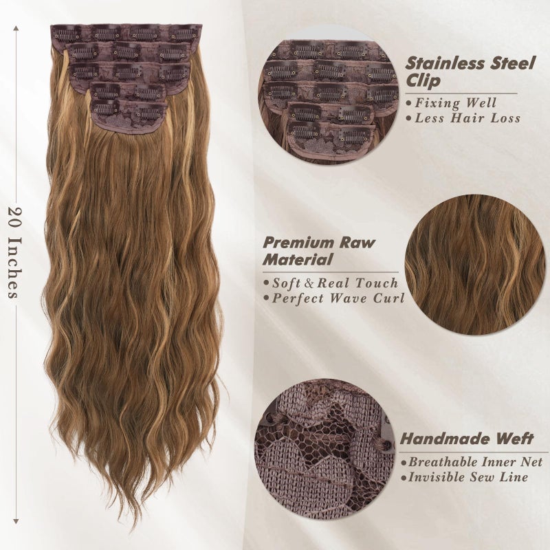 BARSDAR Wavy Clip in Hair Extensions - 20 Inch Highlight Clip in Hair Extensions for Women - 5PCs Thick Soft Synthetic Hairpieces Daily Party Halloween - Brown & Caramel Blonde - Image 3