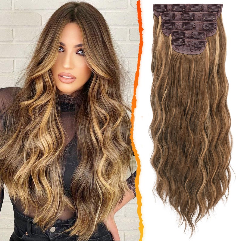BARSDAR Wavy Clip in Hair Extensions - 20 Inch Highlight Clip in Hair Extensions for Women - 5PCs Thick Soft Synthetic Hairpieces Daily Party Halloween - Brown & Caramel Blonde - Image 1